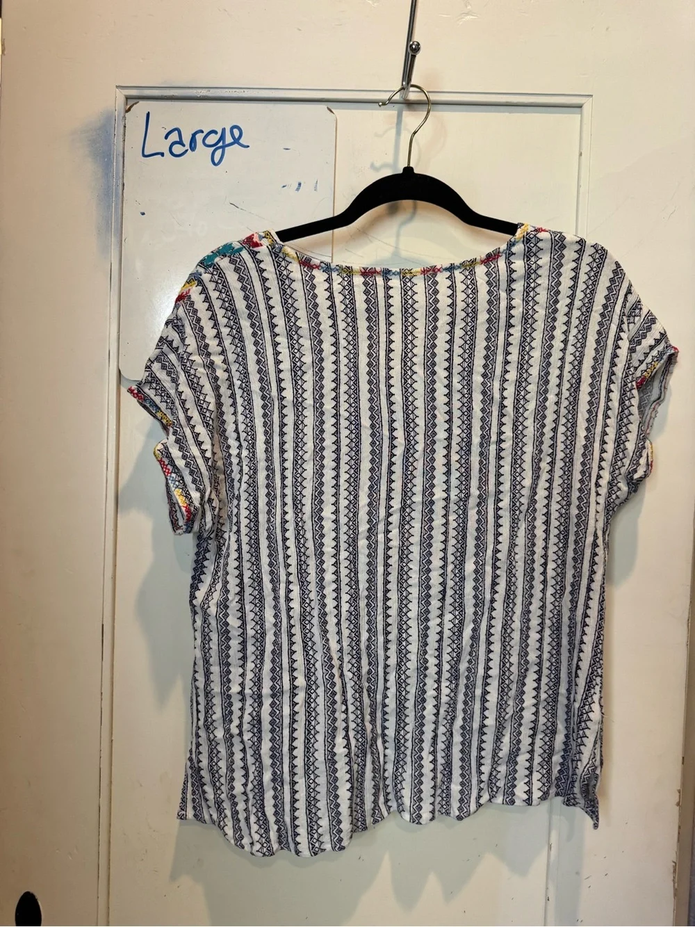 Savanna Jane White Striped Embroidered Peasant Top with Turquoise Accents - Picture 5 of 5